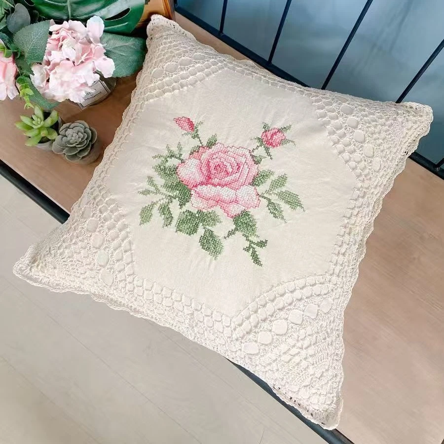 Boho Embroidered Crochet Pillow Covers Decorative Retro Handmade Woven Cotton Pillow Case Beige Square Cushion Cover Home Decor