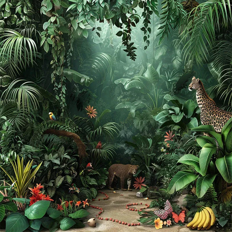 Mehofond Jungle Safari Animal Backdrop Kid Birthday Party Palm Leave Maternity Portrait Wild Forest Tiger Decor Photo Background