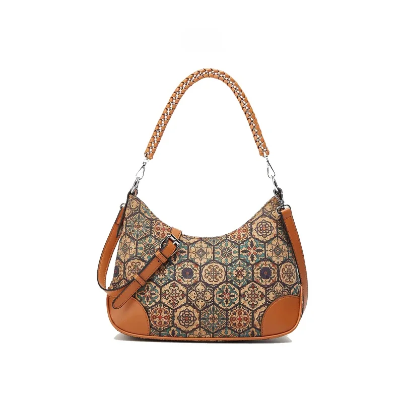 Ecological Retro Print Cork Skin Bag Crossbody Shoulder Handbag Women's Daily Use Soft Medium Hardness PU  Zipper Closure