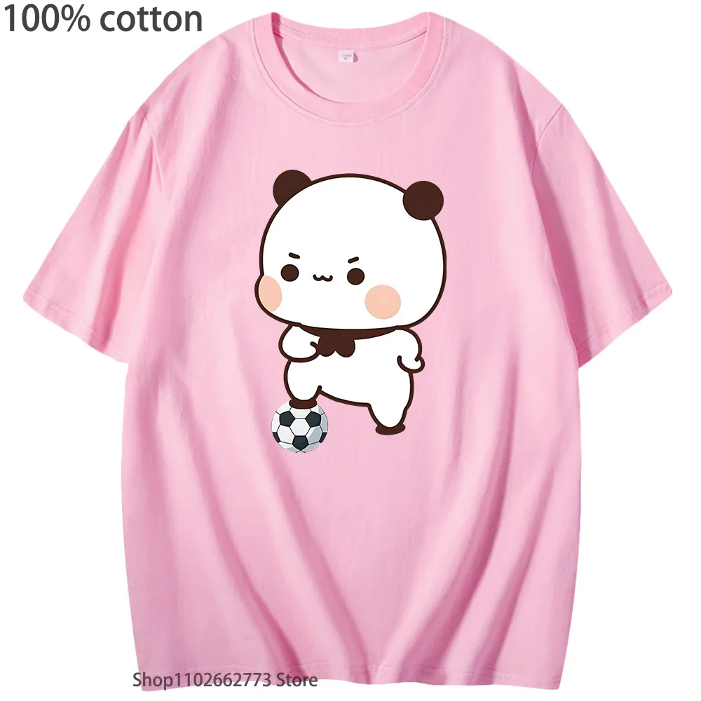 Urocze koszulki z Bubu grającego w piłkę nożną, kawaii, urocze koszulki z grafiką pandy, damskie koszulki, męskie koszulki, 100% bawełna, letnie, codzienne topy.