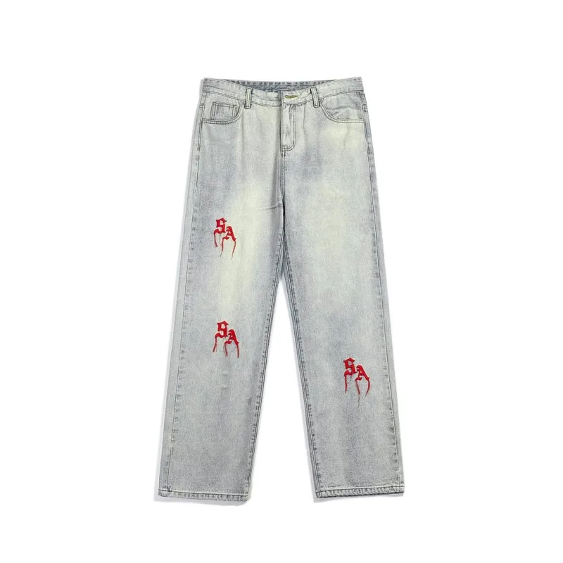 Jeans décontractés droits High Street pour hommes, pantalons brodés, streetwear frit, jeans hip hop, denim rétro, fjwear