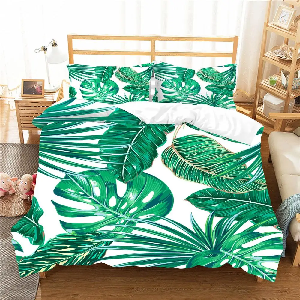 

Leaves Duvet Cover Set Queen Size Hawaiian Tropical Leaves Theme Bedding Set King Microfiber Green Leaves Branches Quilt Cover