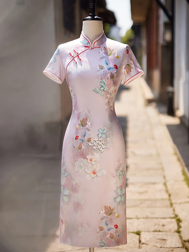 

Розовое ципао Dr. Young Sle для повседневной носки, большие размеры, женское летнее, новая китайская версия, с крупным цветочным узором, короткое ципао-платье