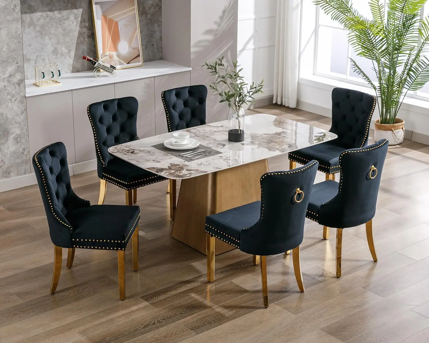 Velvet Dining Chairs Set of 6 Upholstered High-end Tufted Dining Chair with Nailhead Back Ring Pull Trim Stainless Steel Legs