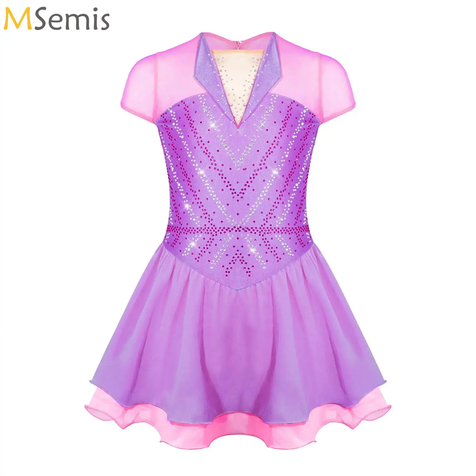 

Kids Girls Figure Skating Dance Dress Lyrical Ballet Gymnastics Costume Short Sleeve Shiny Rhinestone Mesh Leotard Tutu Dresses