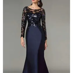 Elegant Mermaid Mother of the Bride Dress Sparkle Jewel Neck Floor Length Satin Sequined Long Sleeve Formal Wedding Party Gowns