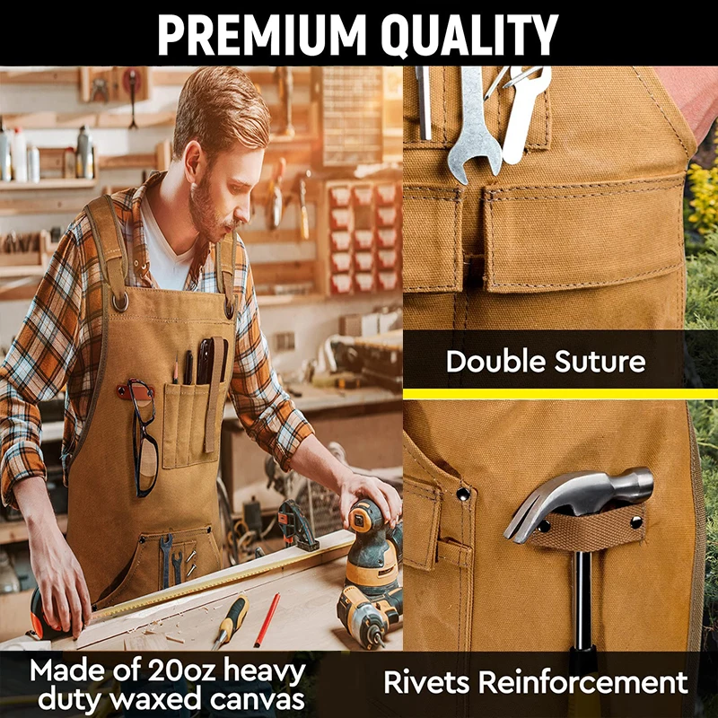 Woodworking Apron for Men 20 oz Work Apron for Men with 9 Tool Pockets Gifts for Men Heavy Duty Waxed Canvas Apron