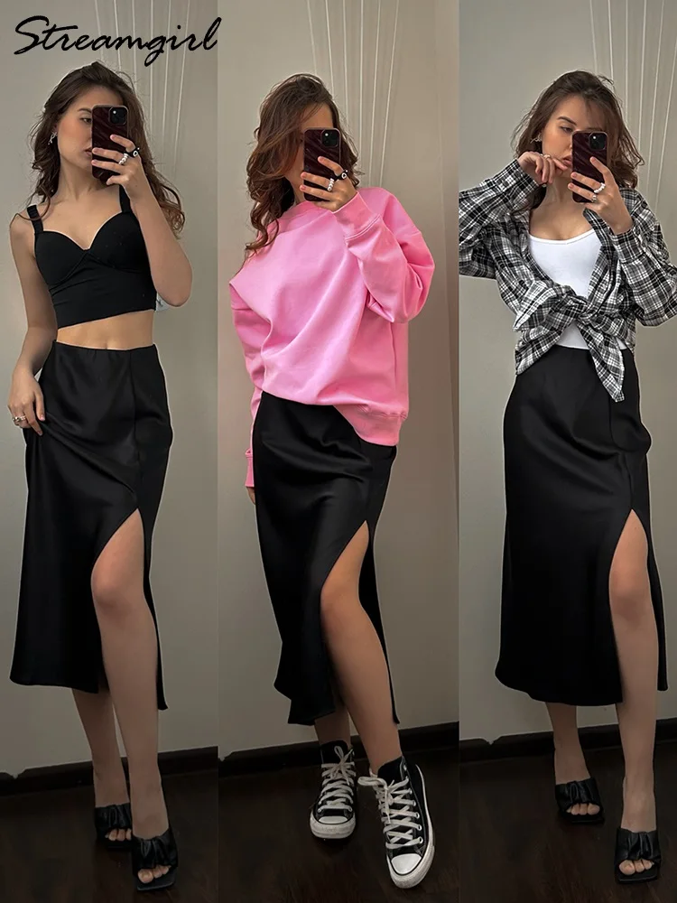 Women High Quality Satin Skirt Midi Elastic Waist Split Skirts Ladies Office Black A Line Satin Skirts With Split For Women