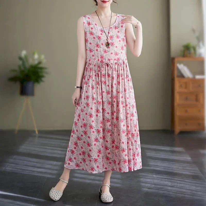 여성 드레스 코튼 린넨 여름 빈티지 핑크 인쇄 민소매 a 라인 느슨한 한국 스타일 중반 송아지 드레스 여성 의류