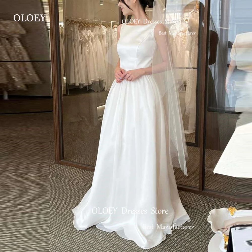 OLOEY-Robe de Mariée Coréenne en Satin Doux, Ligne A Simple, Col Rond, Longueur au Sol, pour Patients, quel que soit le Long Voile de Tulle, Fermeture Éclair ou Lacets dans le Dos