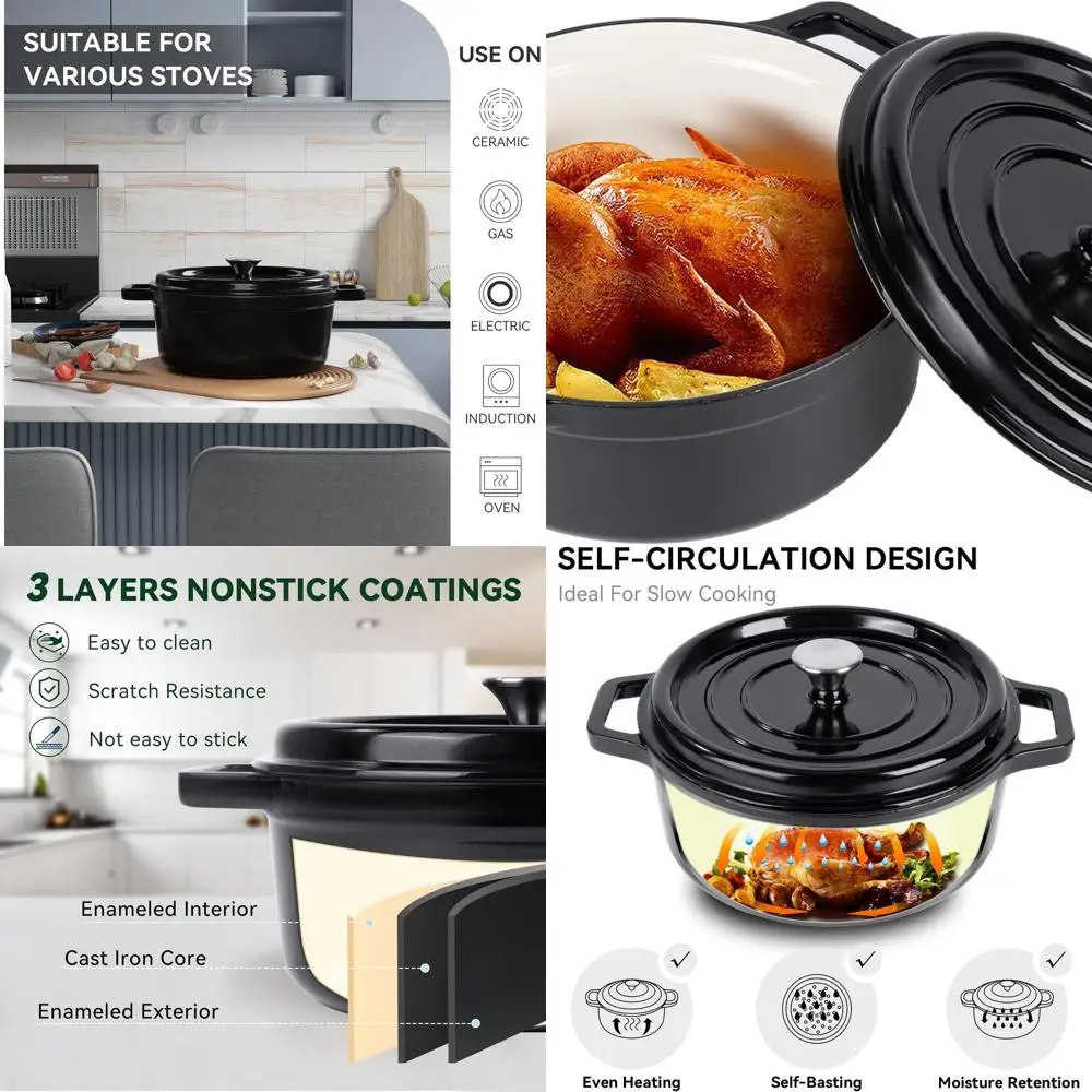 

6.5 Qt Cast Iron Enameled Dutch Oven with Lid, Dual Handled Cookware for Baking & Cooking, Non-stick Black Enamel