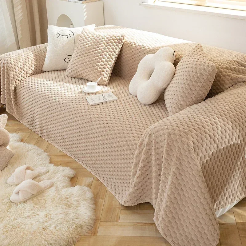 

Anti Cat Scratch Large Sofa Cover Ins Style Winter Plush Sofa Towel Solid Color Full Coverage Sofa Blanket Full Cover