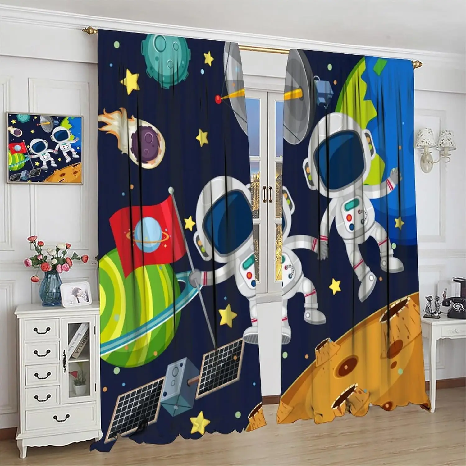 Cute Astronaut Curtains,Planet Universe Space Galaxy PatternPocket Window Drapes for Boy Girls Room Nursery Classroom Decor