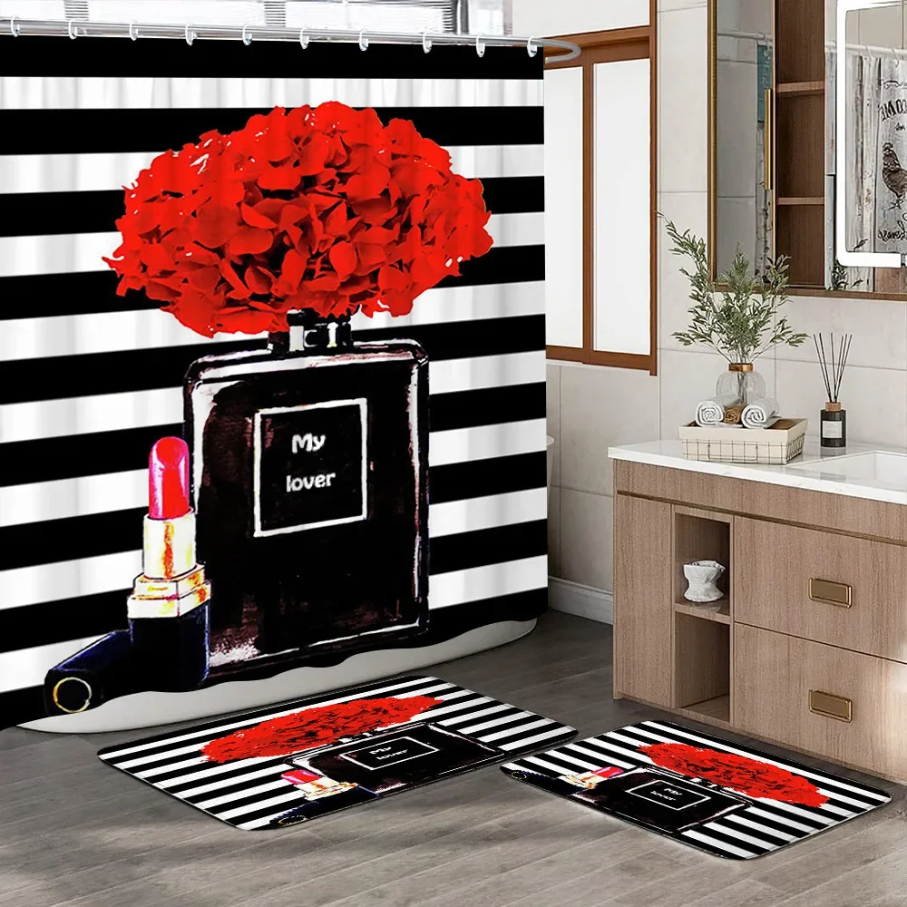 

Fashion Perfume Bottle Shower Curtain Bath Mat Set Women's Floral Modern Minimalist Style Shower Curtains Mat Bathroom Decor Set