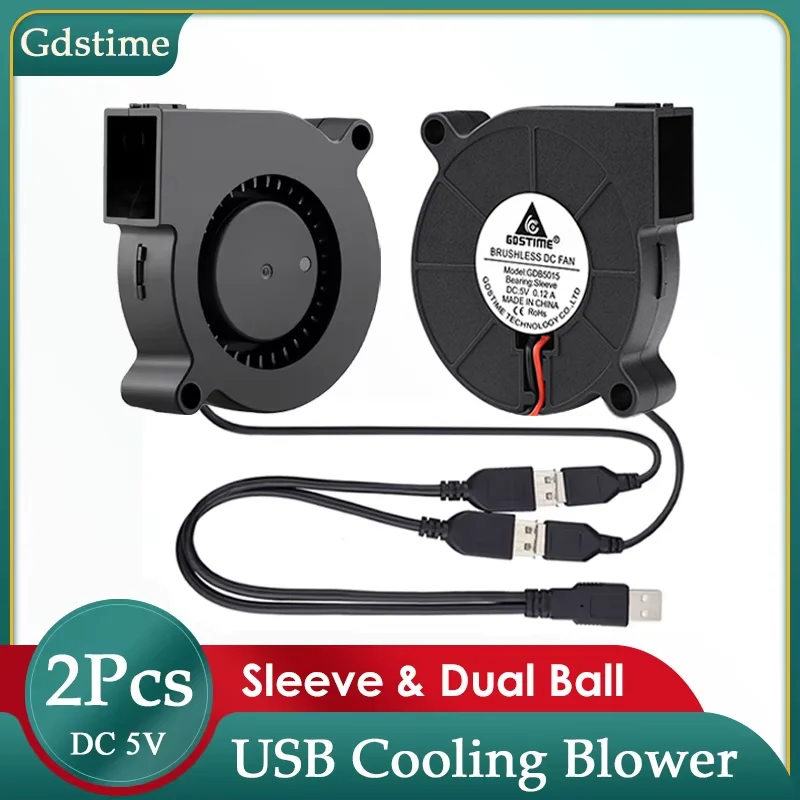 

2PCS Gdstime DC 5V USB Fan 5015 Turbo Radial Fan 7530 Brushless Router Cooler 12032 Dual Ball 120mm Industrial Portable Blower