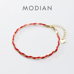 Modian Red Rope Beads Bracelet for Women Fashion Pure 925 Sterling Silver Adjustable Geometric Link Chain Bracelet Fine Jewelry