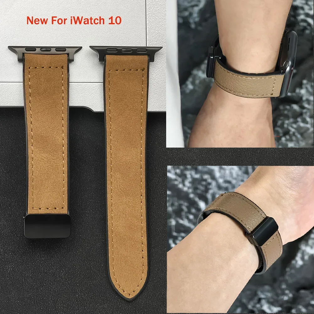 Магнитный кожаный + силиконовый ремешок для Apple Watch Band Ultra 2 49 мм 45 мм 46 мм 44 мм Браслет для iWatch Series 10 9 8 7 6 SE 5 4