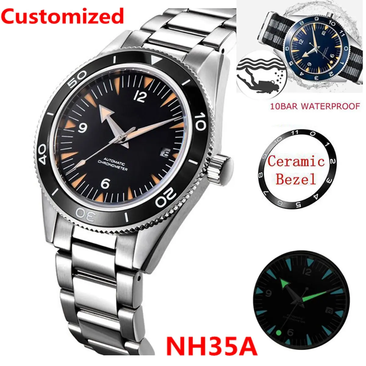 شعار مخصص NH35 ساعة يد تعمل بالحركة 10 أشرطة رجالي 41 مللي متر الياقوت السيراميك الحافة الذكور ساعة ميكانيكية غواص الرياضة التلقائي ساعة اليد