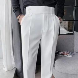 Erkekler takım elbise pantolon düz renk Slim Fit bahar sonbahar Streetwear elastik bel düz pantolon erkek iş ofis resmi pantolon