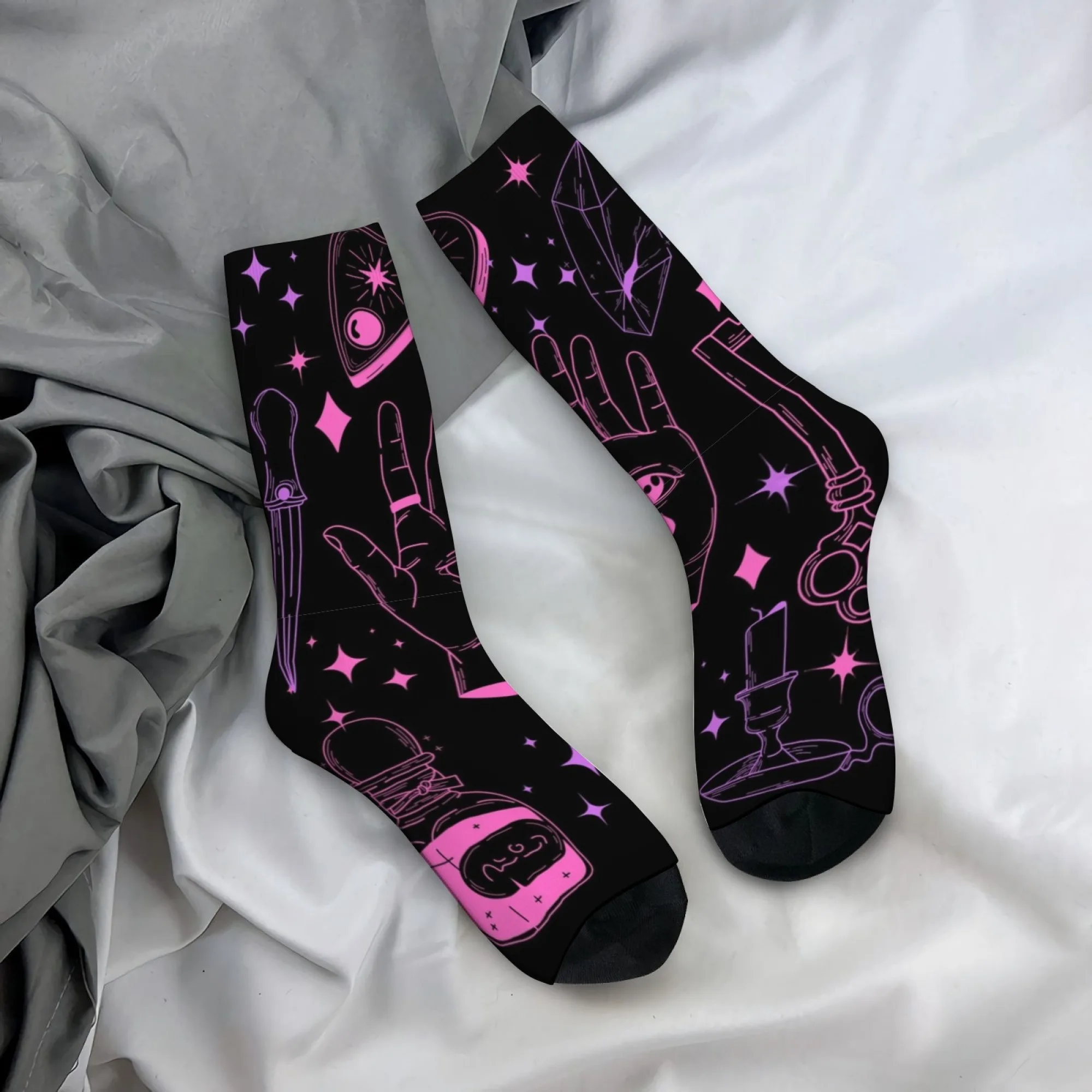 Mystische okkulte Symbol-Crew-Socken, neonrosa Palmen-Augen-Print-Socken, Geschenk für esoterische Enthusiasten und fluoreszierende Trend-Stil-Liebhaber