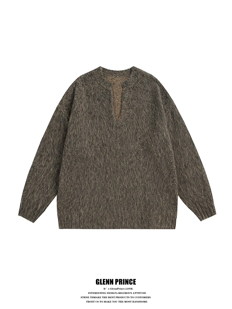 

Мужской свитер в американском стиле с V-образным вырезом, вязаный, коричневый, с эффектом «рыбьей чешуи», весенний, повседневный, свободного кроя, с круглым вырезом, с длинными рукавами