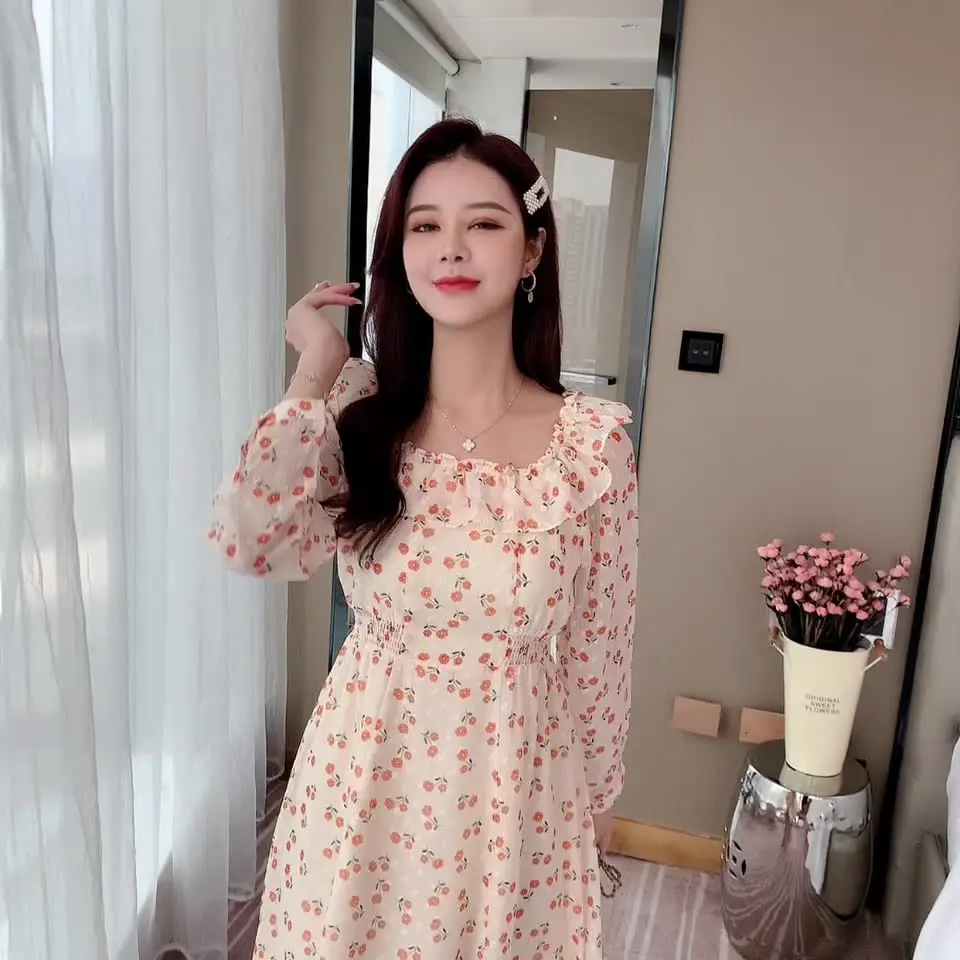 

2024 commuter leisure spring and fall new French flowers chiffon long-sleeved dress children a word gentle foreign temperament