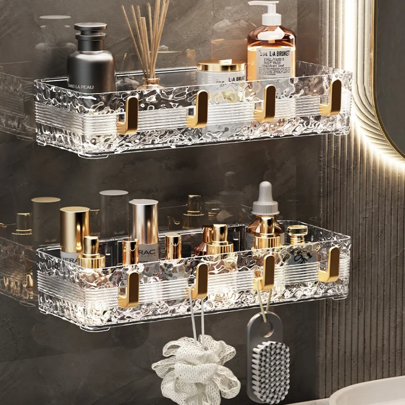 Montado na parede rack de armazenamento do banheiro com 4 ganchos canto skincare shampoo chuveiro gel prateleira maquiagem perfume titular