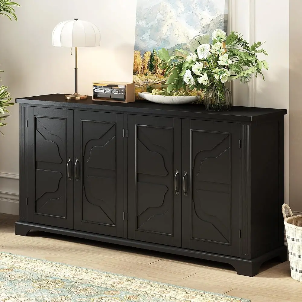 

American Country Wooden Sideboard With 4 Pine Doors And Metal Handles, Vintage Entryway Console Table Buffet Serving Storage