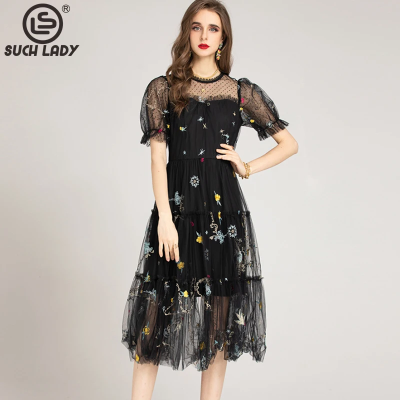 

Women's Runway Dresses O Neck Short Sleeves Embroidery Fashion A Line Casual Designer Dress Vestidos