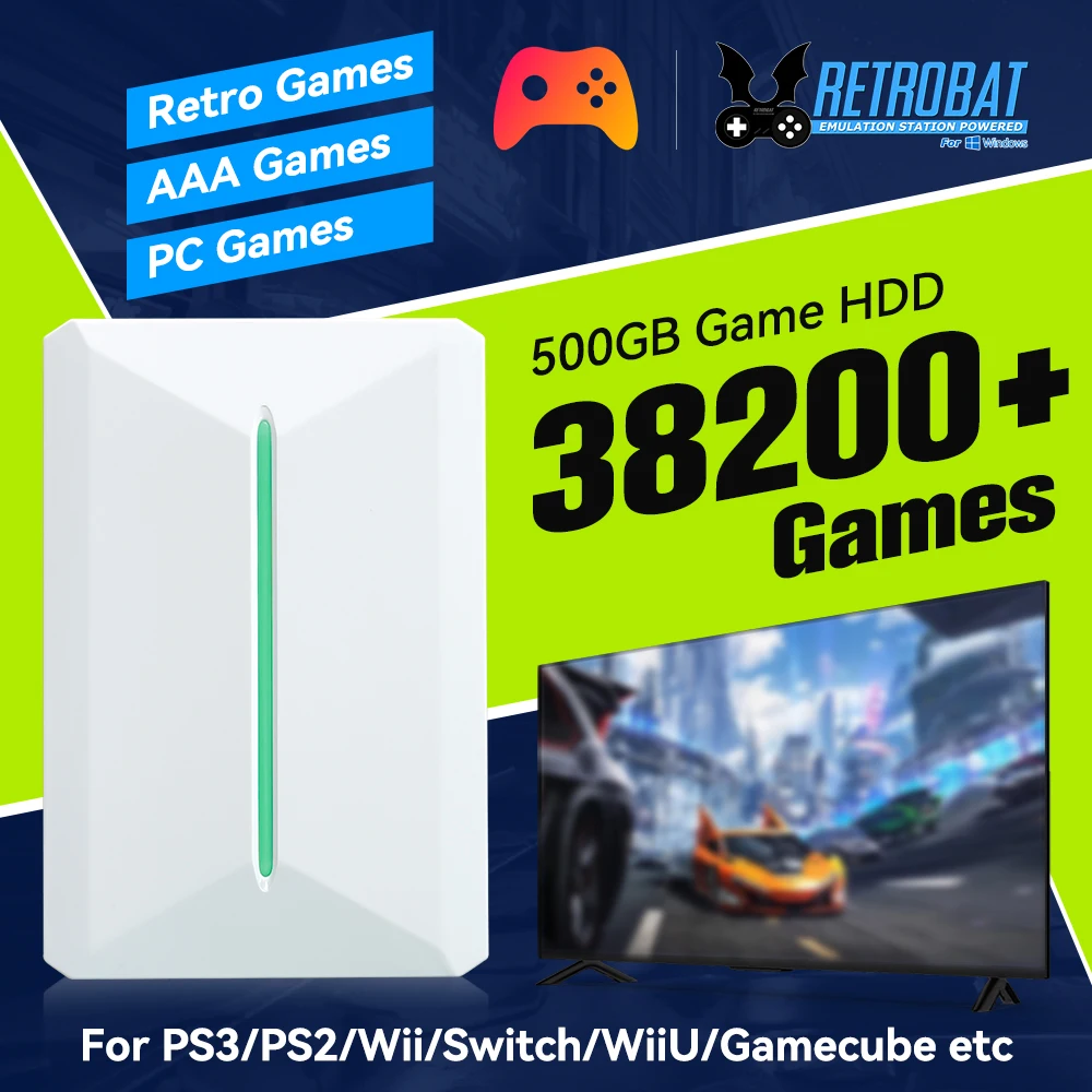 Retrobat 및 Playnite 레트로 게임 콘솔 게임용 HDD, PS3, PS2, 스위치, Wii, WiiU, PC, 노트북용, 38200 + 레트로, AAA, PC 게임 포함, 500GB 