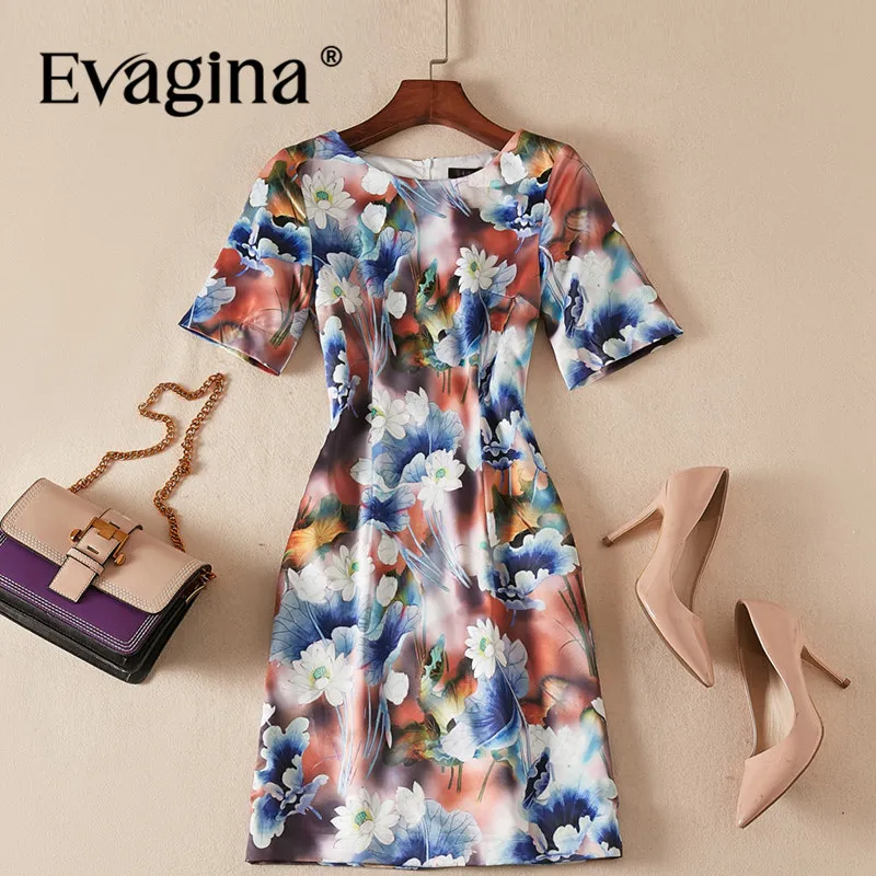 Evagina New Fashion Runway Designer Dress Women's Short-Sleeved Elegant Lotus Print High Street S-XXL Mini Dresses