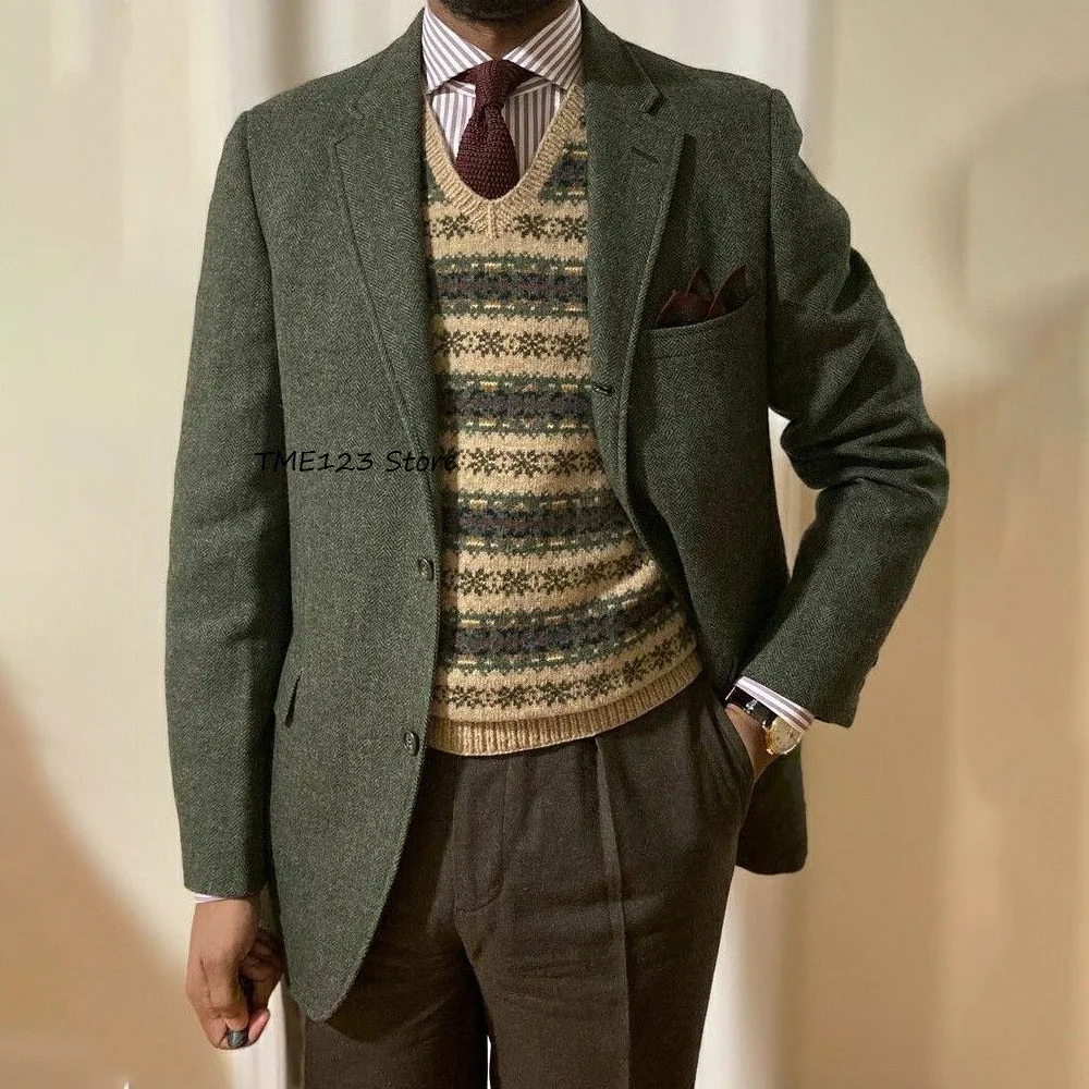 

Man Jackets High Quality Notched Lapel Men's Jacket Fashion Suit Herringbone Fabric Men's Social Coat Workwear Single-breasted