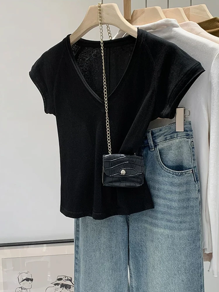 

Stylish Loose V-Neck Cuffed Shoulder Sleeve T-Shirt Women Summer New Fashion Small Size Super Beautiful Top Soft Comfortable ...