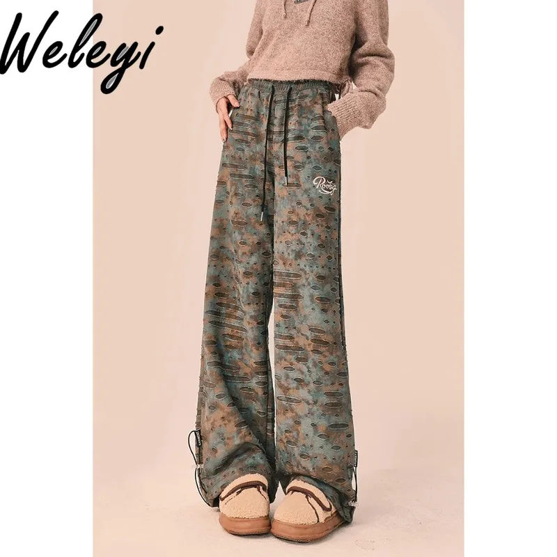 

Gothic Leisure Pants Women in Spring 2024 New American Style Retro Heavy Industry Loose Wide Straight Leg Ripped Long Pantalones