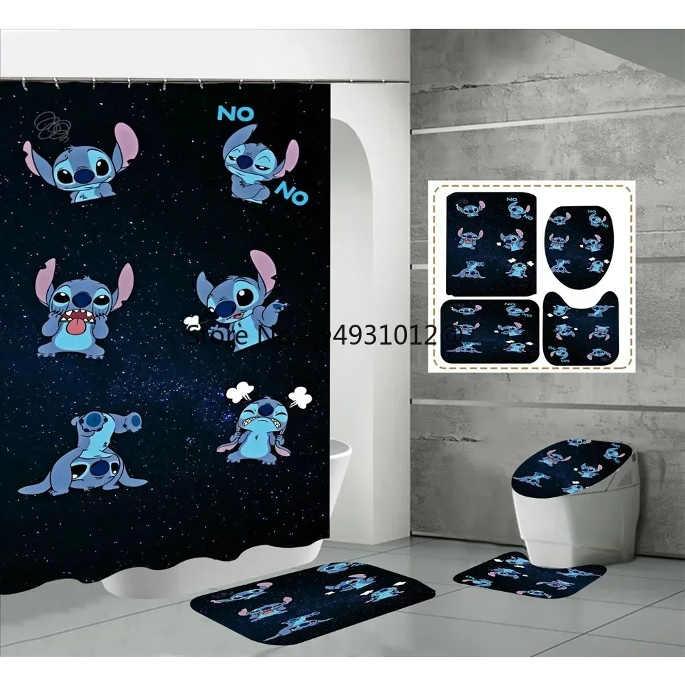 Disney Lovely Lilo Stitch Shower Curtains Set 4pcs Waterproof Bathroom Curtain Pedestal Rug Lid Toilet Cover Bath Mat Kids Gift