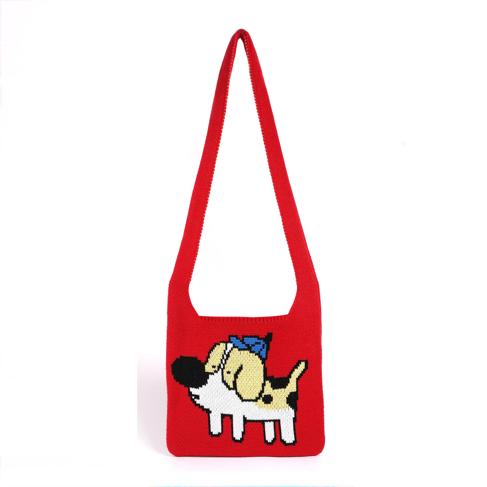 Female Casual Crochet Cartoon Dog Pattern Medium Size Plaid Hobo Bag Korean Street Fashion Y2K Cute Knitted Side Crossbody Bag