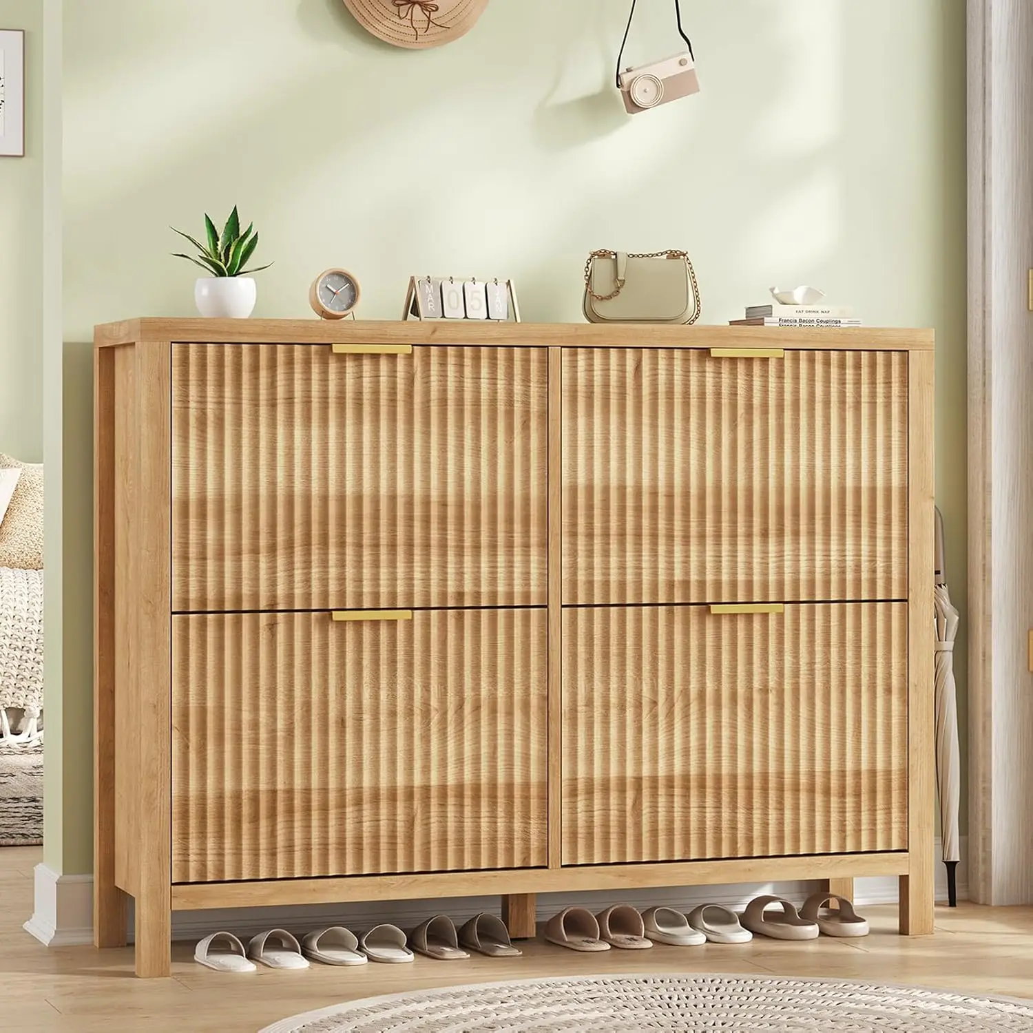 Shoe Shoe Cabinet Storage for Entryway, Fluted Shoe Cabinet with 4 Flip Drawers, Hidden Shoes Rack Freestanding Wooden, Customized - Aliexpress Deal