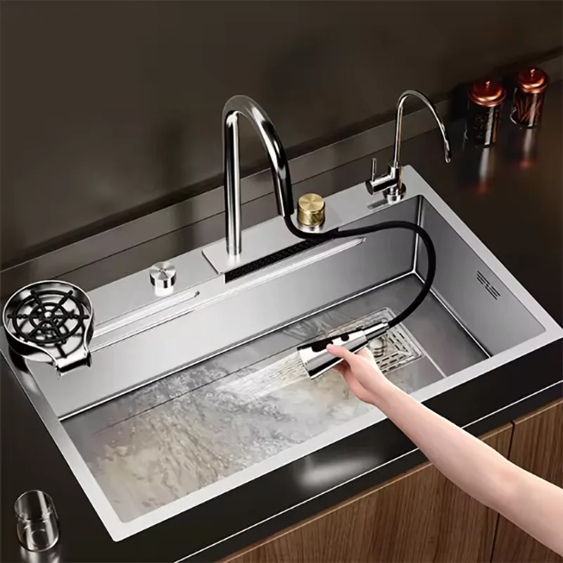 Tiktok Trend SUS304 Multifunctional Silver Smart Digital Display Waterfall Faucet Farmhouse Above Counter Kitchen Sink