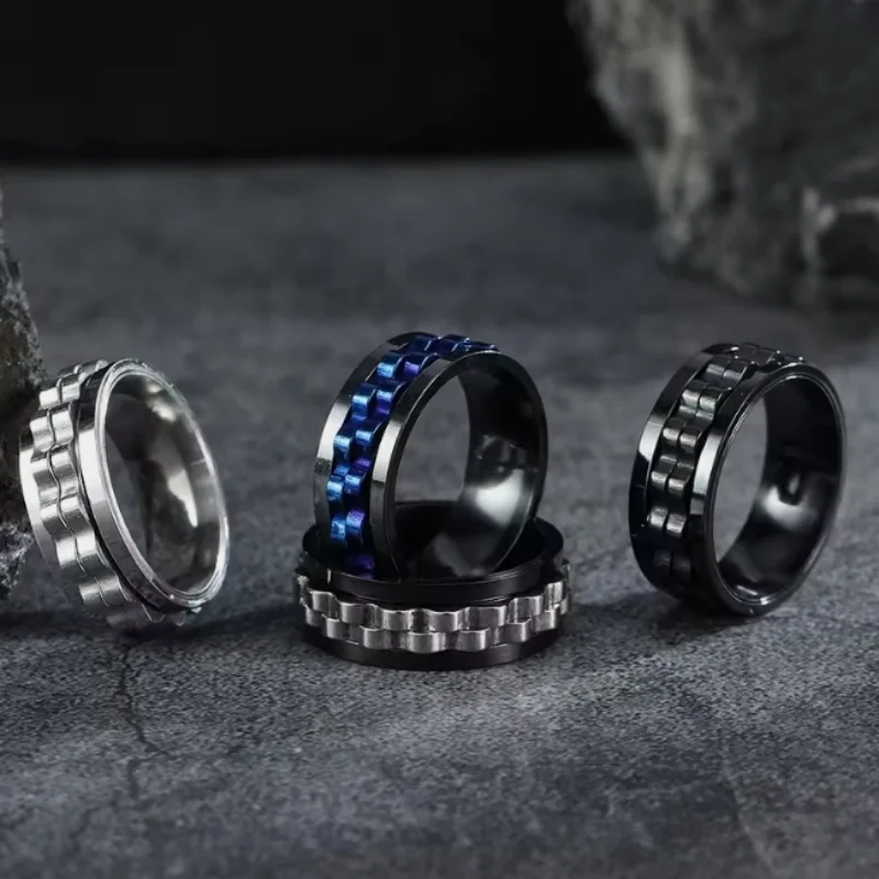 Men's Stainless Steel Gear Chain Rotating Ring Anti-Stress Anxiety Relief Spinning Band Ring Luxury Quality Jewelry Anillos