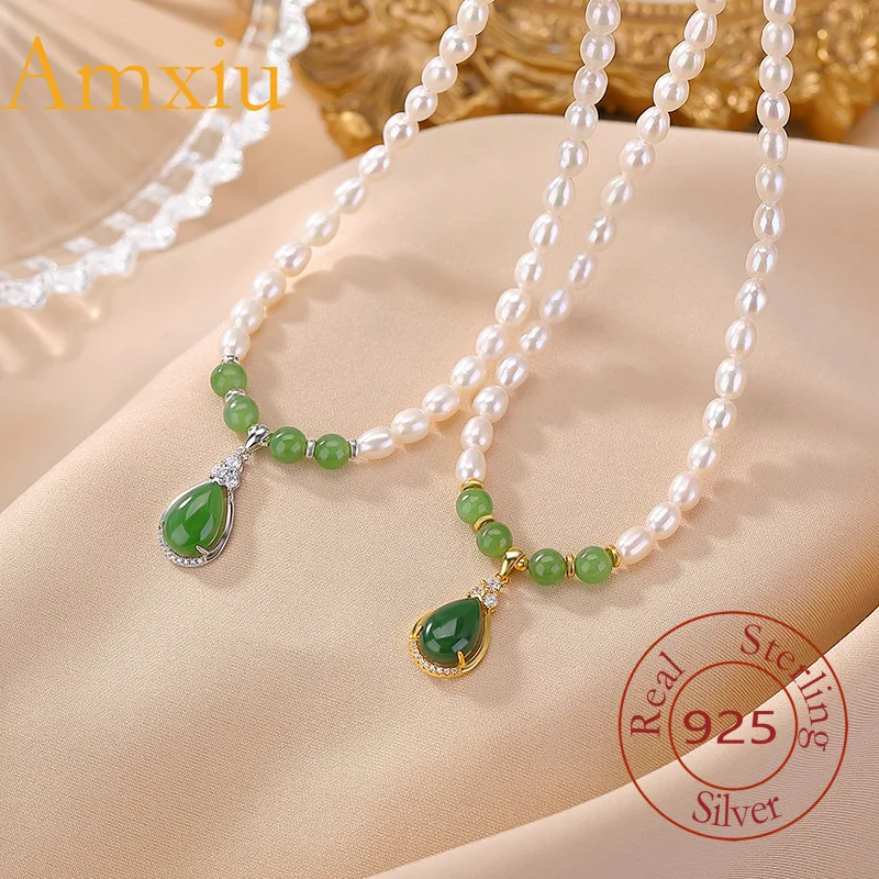 

Amxiu Sterling Silver 925 Freshwater Pearl Gold-Plated Hetian Jade Jasper Inlaid Round Bead Water Drop High-End Necklace
