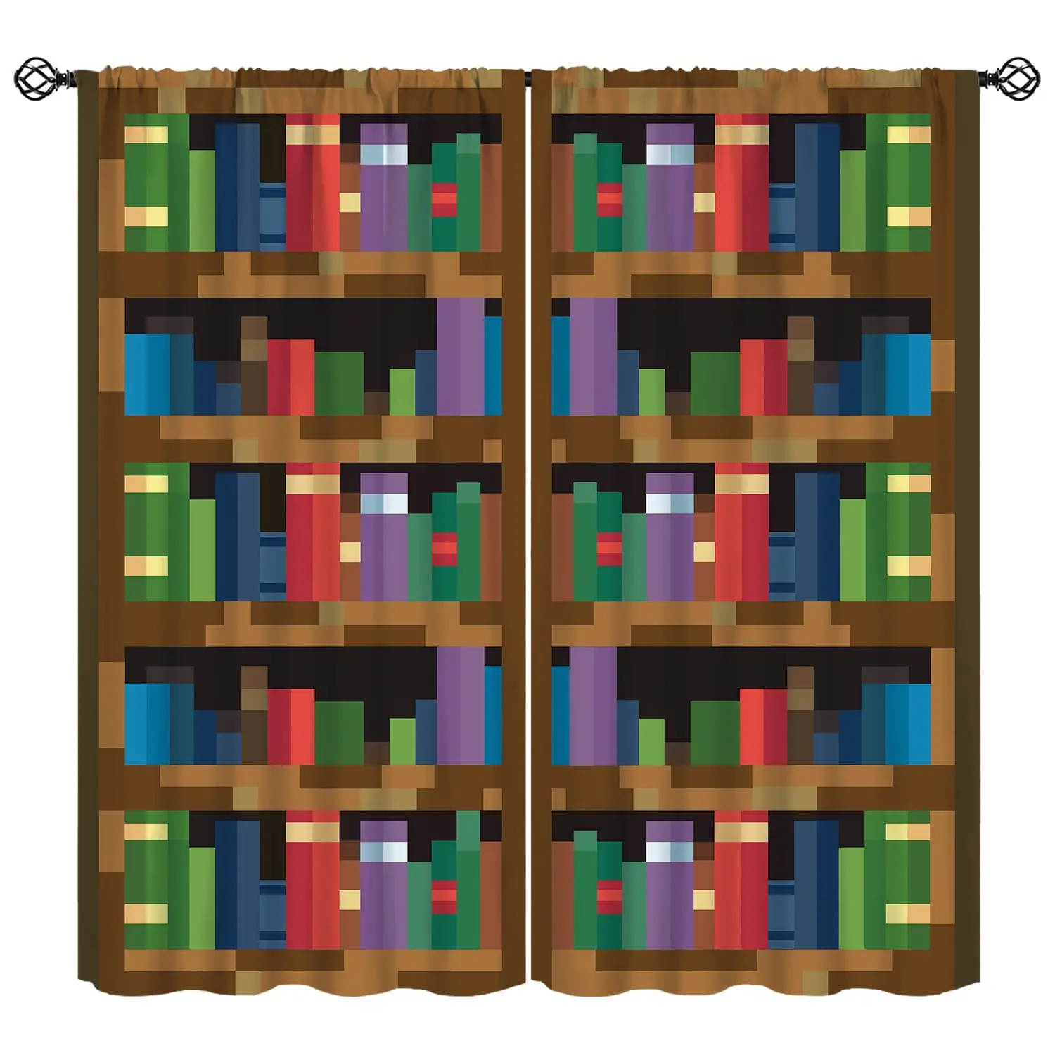 Pixel Bookshelf Rod Pocket Curtain Retro Pixel Color Book Block Wooden Shelf Game Style Print Window Drapes Kids Study Room