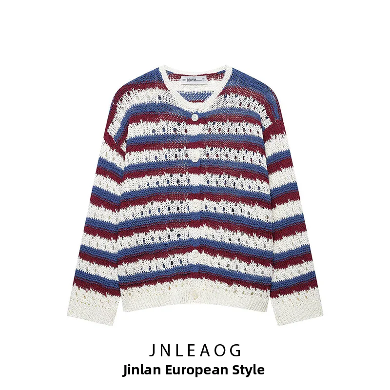 

JNLEAOG Summer New Women's Fashion Knitted Hollow out Striped Jacket Standard Fit Polyester Long Sleeve Regular Length