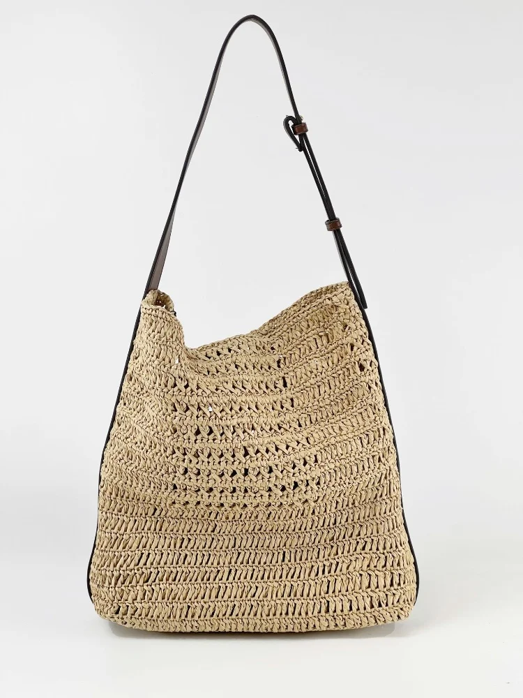 

2025 Summer Large Hand-Woven Straw Beach Tote Women's Paper Rope Boho Shoulder Bags Casual Female Strap Adjustable Shopping Bags