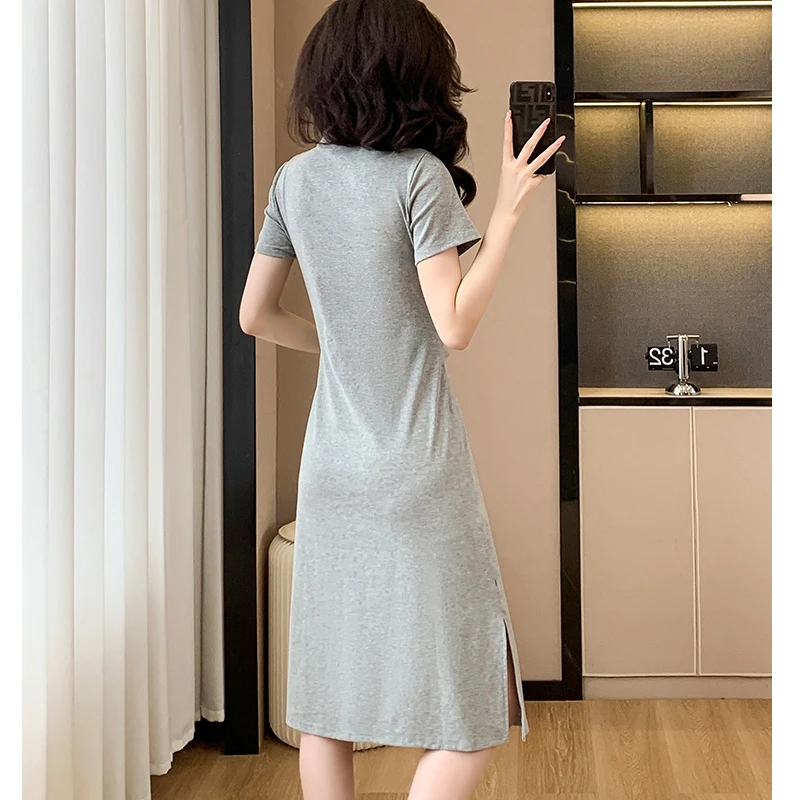 Women T-shirt Dresses Summer Female Stand Collar Short Sleeve Large Size Elegant Cotton Black Gray Chinese-style Print Vestidos