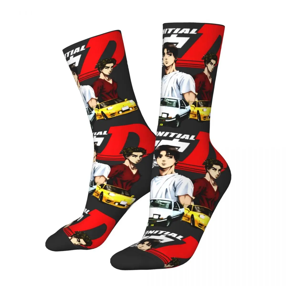 Retro Initial D Funny Men's compression Socks Unisex Initial D Street Style Pattern Printed Novelty Crew Sock