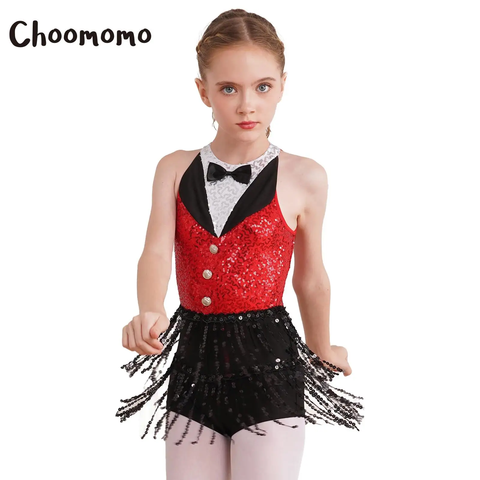 

Kids Girls Sparkly Sequins Tassel Latin Jazz Dance Dress Leotard Ballroom Tango Rumba Samba Performance Costume Modern Dancewear