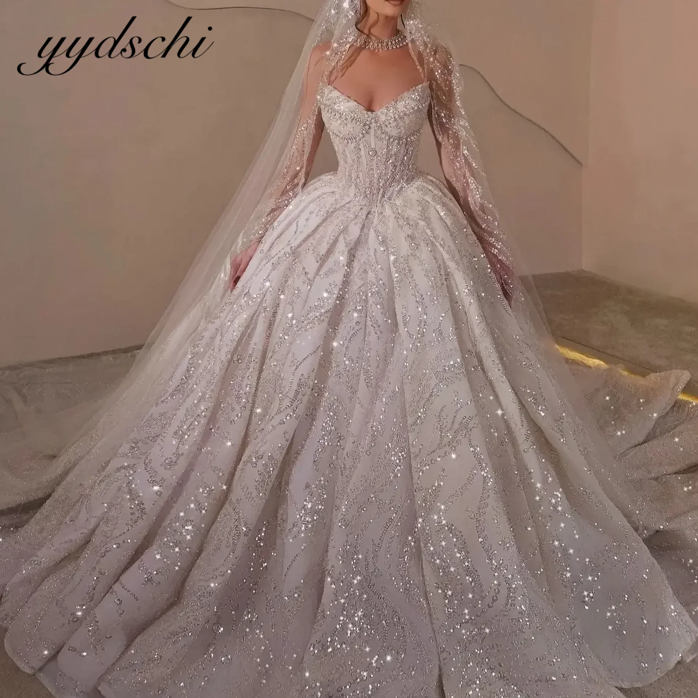 

Customized Sparkling Luxury Pearls Bridal Gown Sequins Strapless A-line 2025 Wedding Dress Sweetheart Princess vestido de novia