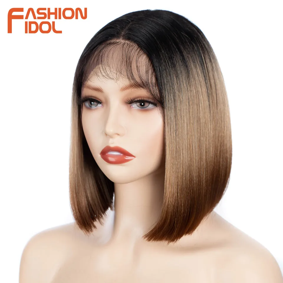 

FASHION IDOL 10 Inch Bob Wig Straight Hair Synthetic Lace Wigs For Black Women Ombre Blonde High Temperature Fiber Cosplay Wigs