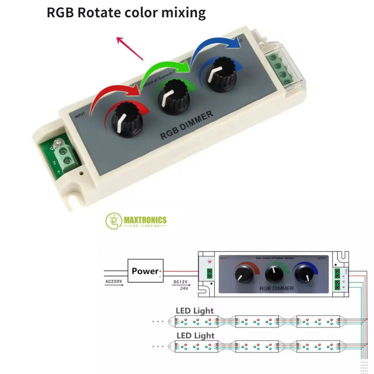 

NEW DC12V-24V 9A RGB Dimming Controller 3 Channel RGB Promise Stepless Knob Dimmer Switch For 3CH SMD 3528 5050 LED Strip Light