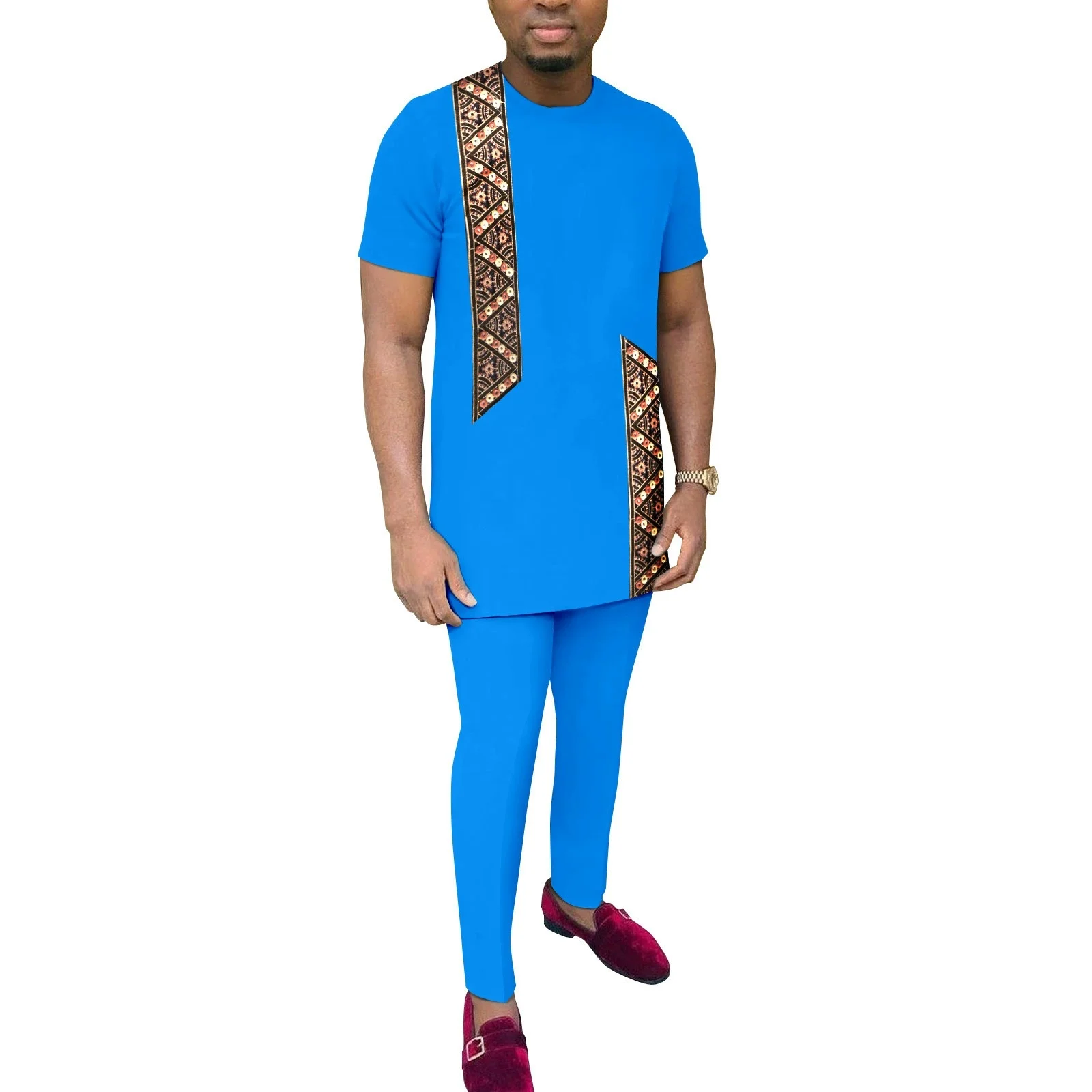 بدلة رياضية رجالية ملابس أفريقية Dashiki مطرزة بزرين قمصان وبنطلون 2 قطعة مجموعة ملابس أنقرة بدلات أفريقية #5